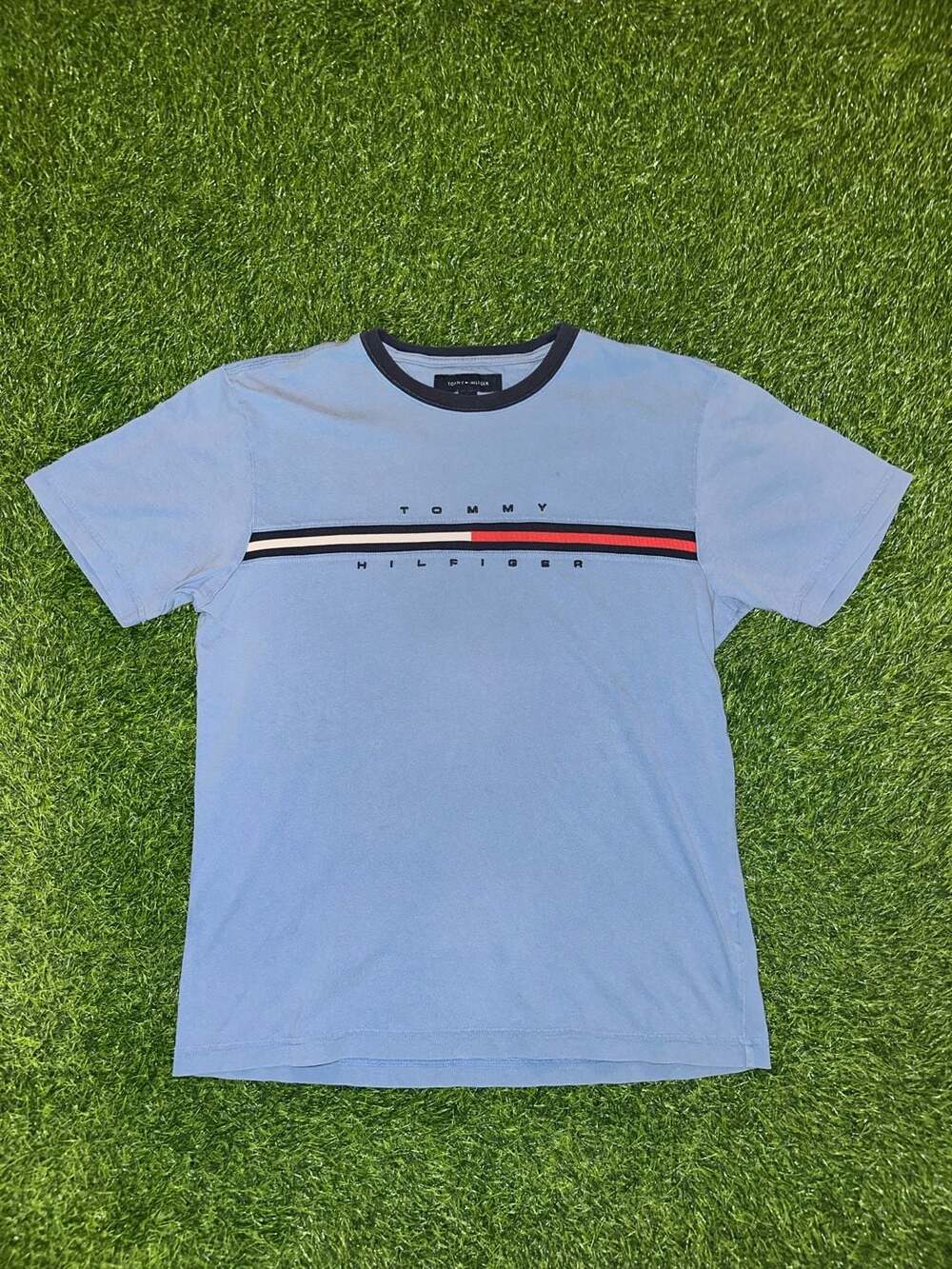 Tommy Hilfiger Men's Light Blue Signature Stripe Logo T-Shirt
